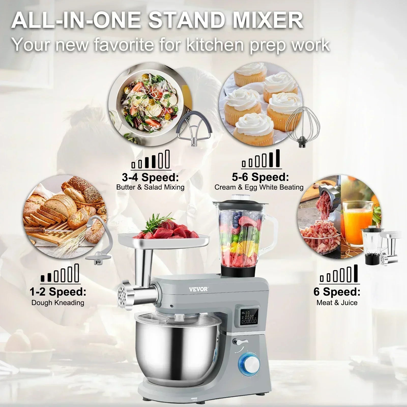 VEVOR 5 IN 1 Stand Mixer 660W Tilt-Head Multifunctional Electric Mixer w/ 6 Speeds LCD Screen Timing 7.4 Qt Stainless Steel Bowl - Premium  from Yard Agri Supply - Just $450.95! Shop now at Yard Agri Supply