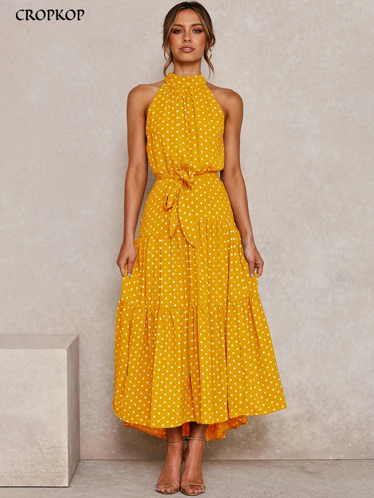 Summer Long Dress Polka Dot Casual Dresses Black Sexy Halter Strapless New 2022 Yellow Sundress Vacation Clothes For Women - Premium  from Yard Agri Supply - Just $9.99! Shop now at Yard Agri Supply