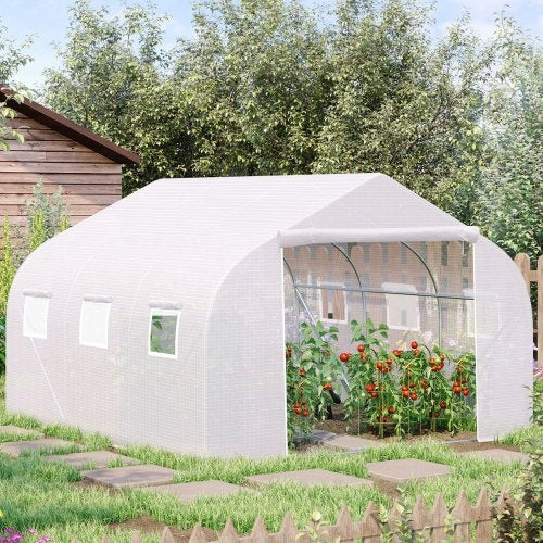 Outdoor Walk-in Greenhouse, Tunnel Greenhouse With Roller Shutters, Zipper Door, PE Hood, Heavy Duty Steel Frame, White - Premium  from Yard Agri Supply - Just $351.99! Shop now at Yard Agri Supply