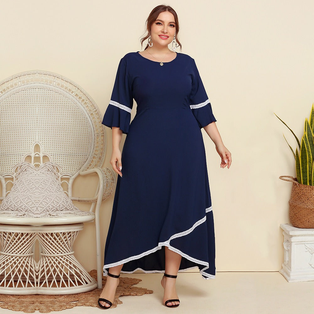 Spring And Autumn New Large Size Women Lace Splicing Round Neck Mid Sleeved Dress Solid Color Loose - Premium  from eprolo - Just $38.36! Shop now at Yard Agri Supply