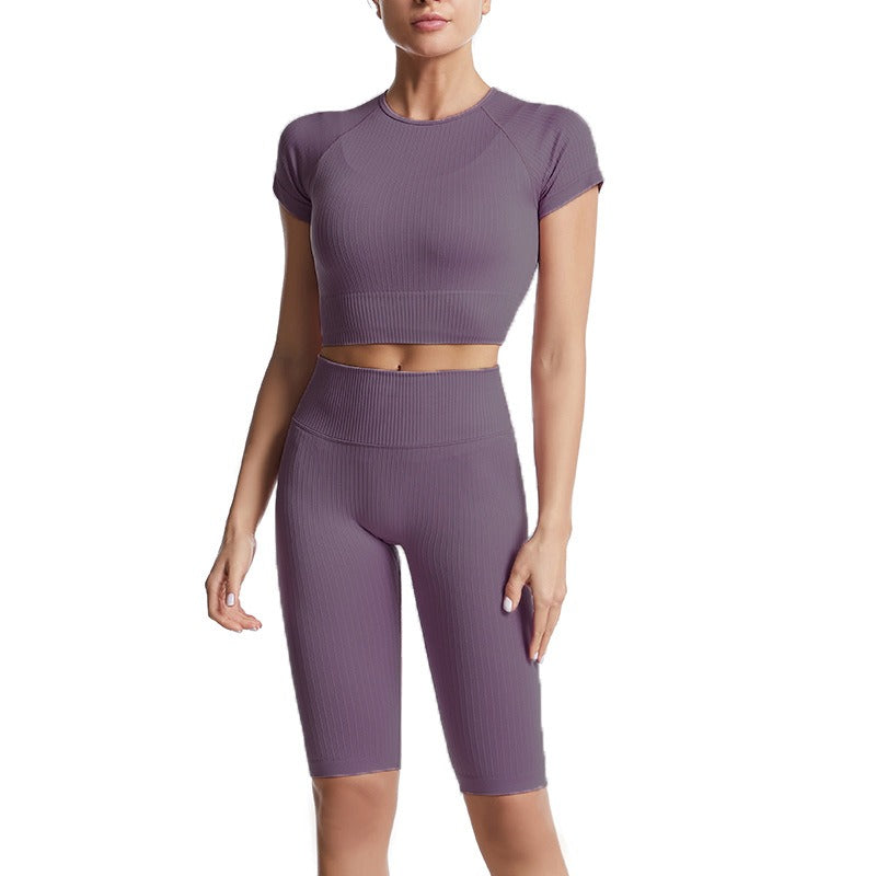 Threaded Yoga Suit Sportswear Summer Short-Sleeved Shorts Bra Tight-Fitting Clothes - Premium  from eprolo - Just $34.08! Shop now at Yard Agri Supply