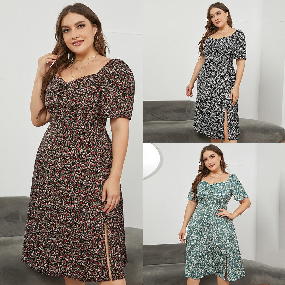 New Large Size Women French Square Neck Waist Open Long Floral Dresses Summer JR5031 - Premium  from eprolo - Just $34.86! Shop now at Yard Agri Supply