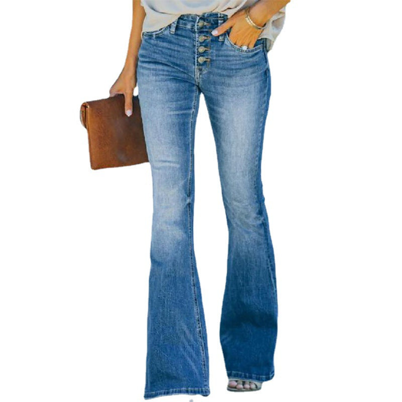 Women's Jeans Slim Fit And Slim Multi-button Flared Washed Trousers - Premium  from Yard Agri Supply - Just $27.95! Shop now at Yard Agri Supply