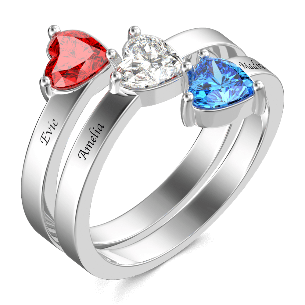 Personalized Engraved Three Name Heart Birthstone Promise Ring S925 Silver - Premium  from Mademine - Just $27.9! Shop now at Yard Agri Supply