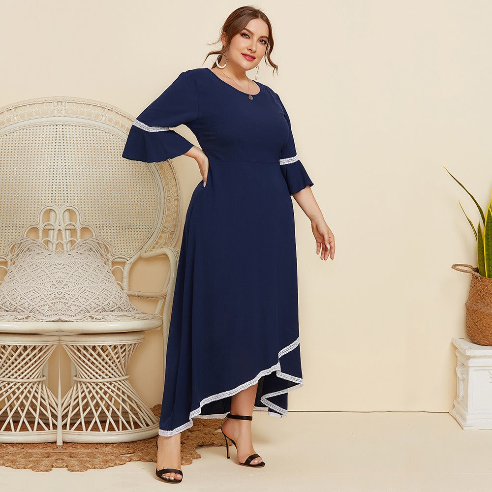 Spring And Autumn New Large Size Women Lace Splicing Round Neck Mid Sleeved Dress Solid Color Loose - Premium  from eprolo - Just $38.36! Shop now at Yard Agri Supply