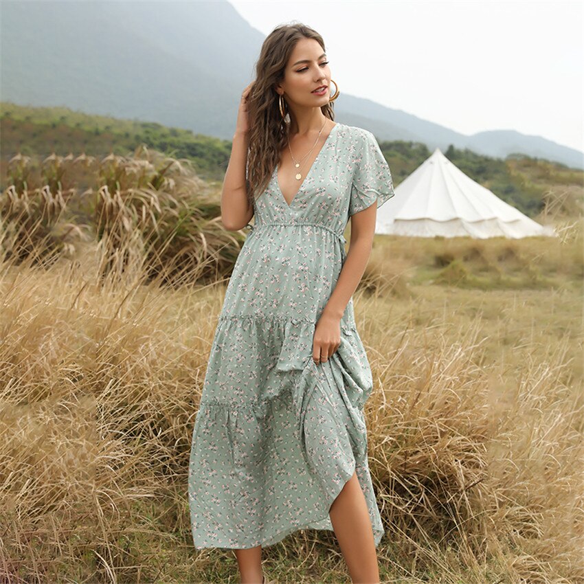 Summer Beach Holiday Dress Women Casual Floral Print Elegant  Boho Long Dress Ruffle Short-Sleeve V-neck Sexy Party Robe - Premium  from eprolo - Just $28.64! Shop now at Yard Agri Supply