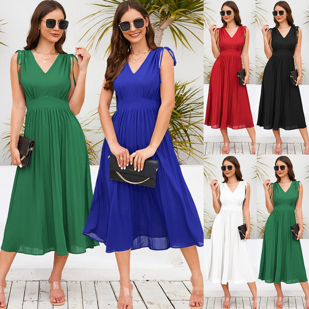 Women's New Sleeveless Slim Pleated Skirt Sexy V-Neck Dress - Premium  from eprolo - Just $33.9! Shop now at Yard Agri Supply