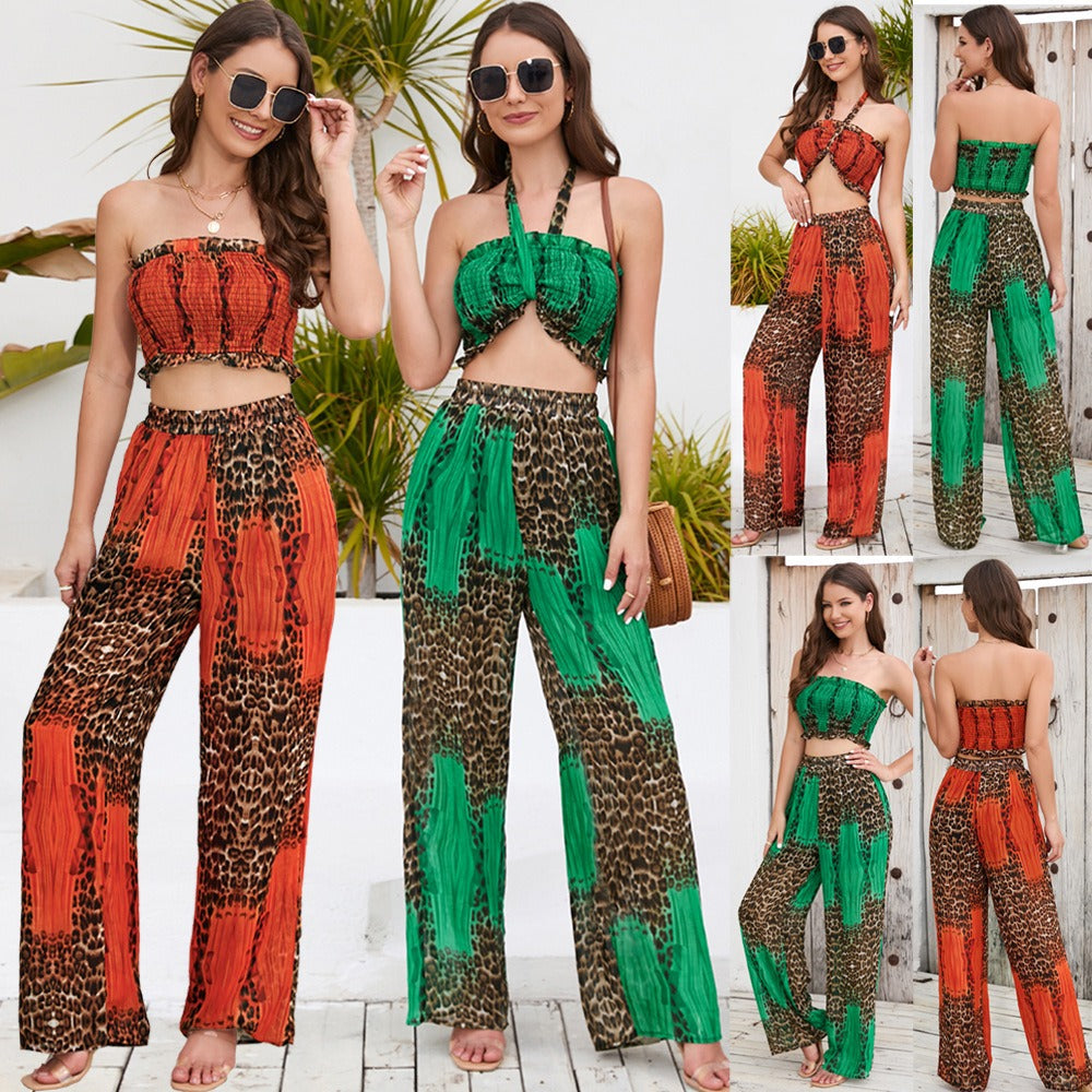 Summer New Suit Slim Fit Bust Hanging Neck Top Printed Wide Leg Pants Casual Fashion Pants Set - Premium  from eprolo - Just $29.00! Shop now at Yard Agri Supply