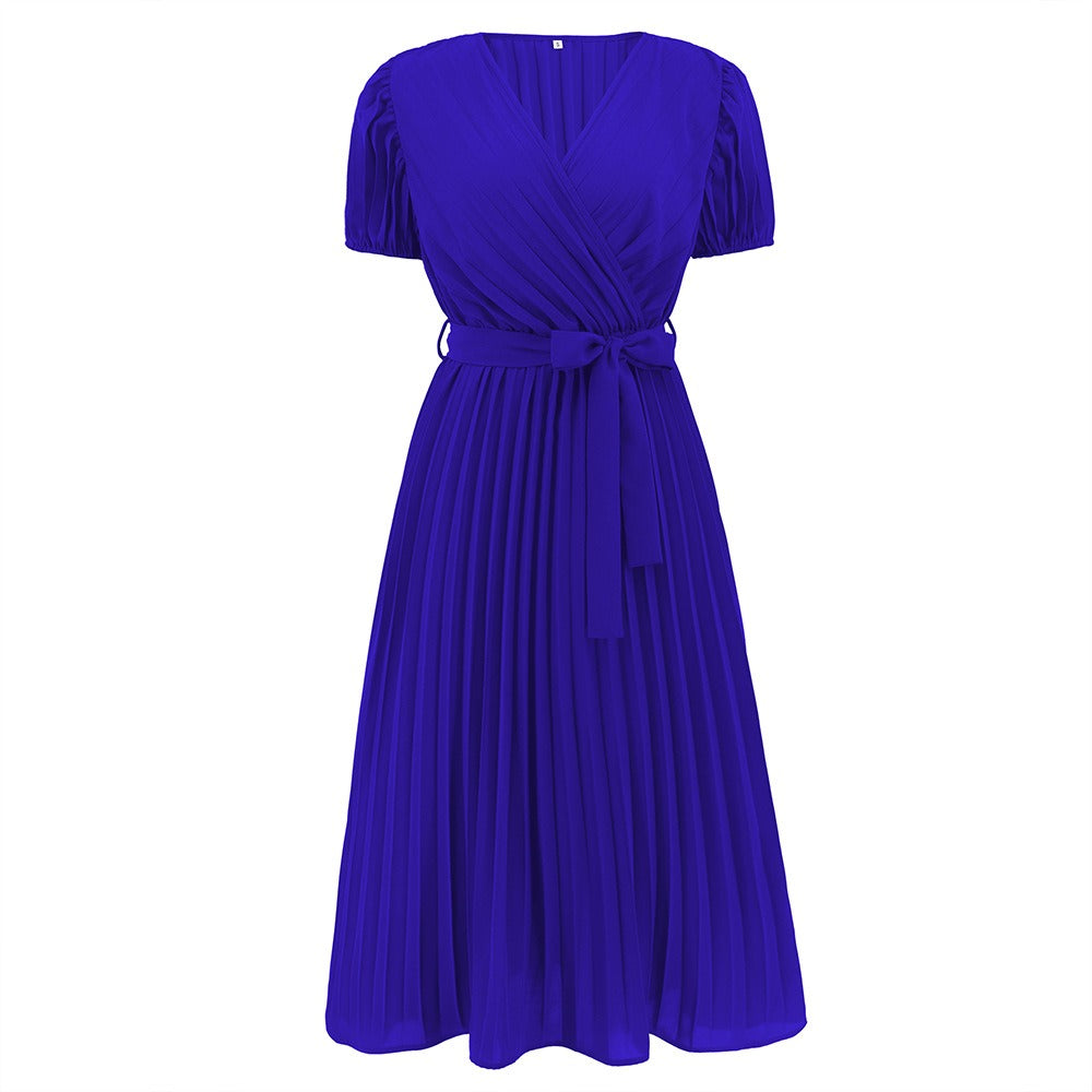 Summer New V Neck Bubble Sleeve Pleated Skirt Women Slim Temperament Long Dresses - Premium  from eprolo - Just $32.00! Shop now at Yard Agri Supply