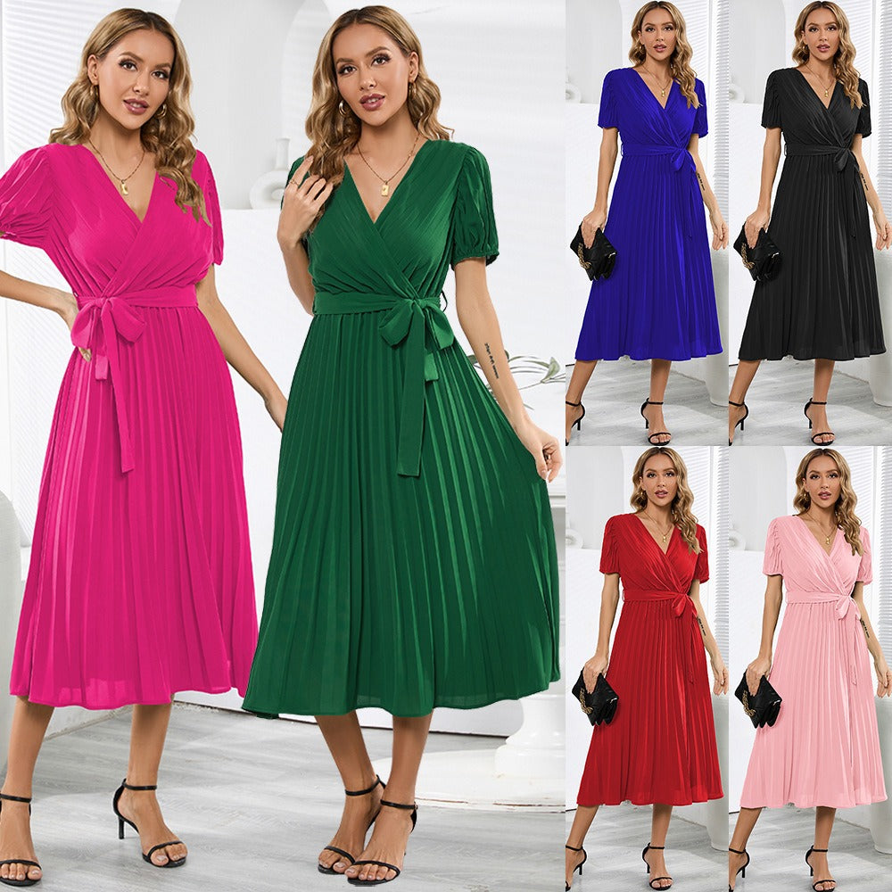 Summer New V Neck Bubble Sleeve Pleated Skirt Women Slim Temperament Long Dresses - Premium  from eprolo - Just $32.00! Shop now at Yard Agri Supply