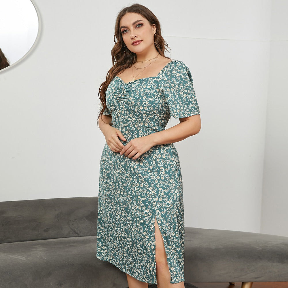 New Large Size Women French Square Neck Waist Open Long Floral Dresses Summer JR5031 - Premium  from eprolo - Just $34.86! Shop now at Yard Agri Supply