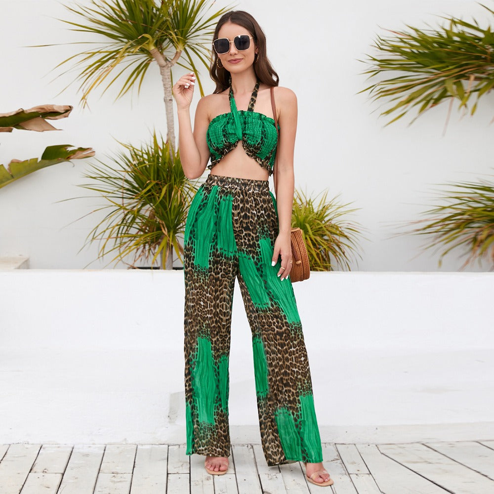 Summer New Suit Slim Fit Bust Hanging Neck Top Printed Wide Leg Pants Casual Fashion Pants Set - Premium  from eprolo - Just $29.00! Shop now at Yard Agri Supply