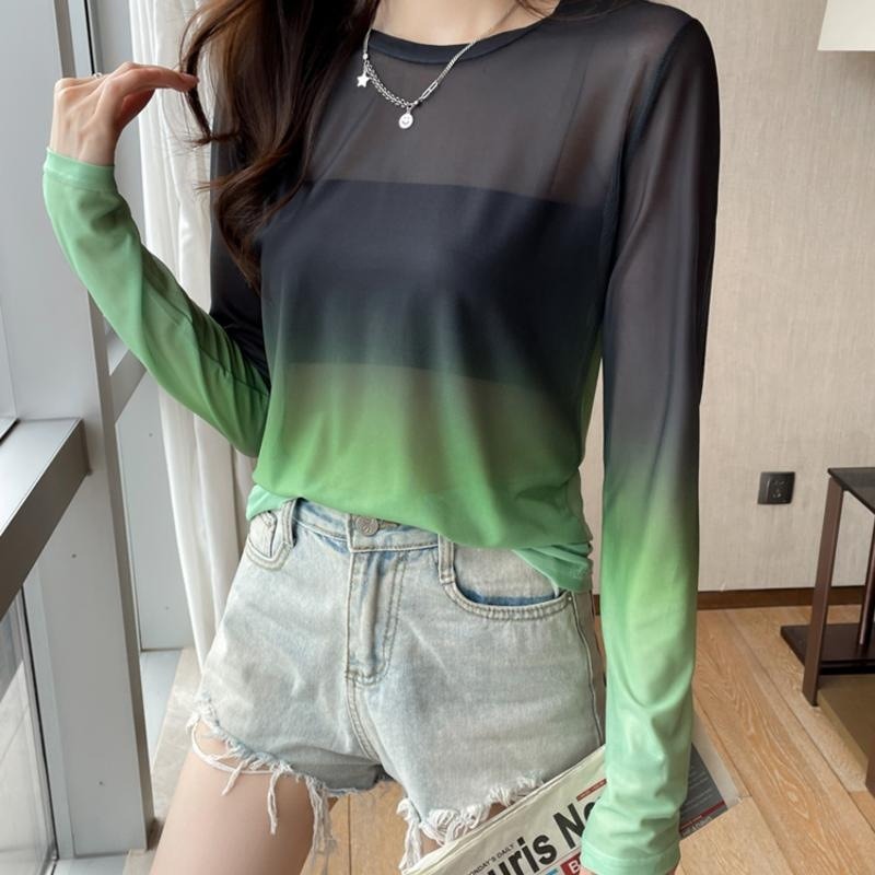 Early Autumn New Gradient Color Loose Long-Sleeved T-Shirt Hollow Inside The Top Of The Female Mesh Bottoming Shirt - Premium  from eprolo - Just $17.32! Shop now at Yard Agri Supply