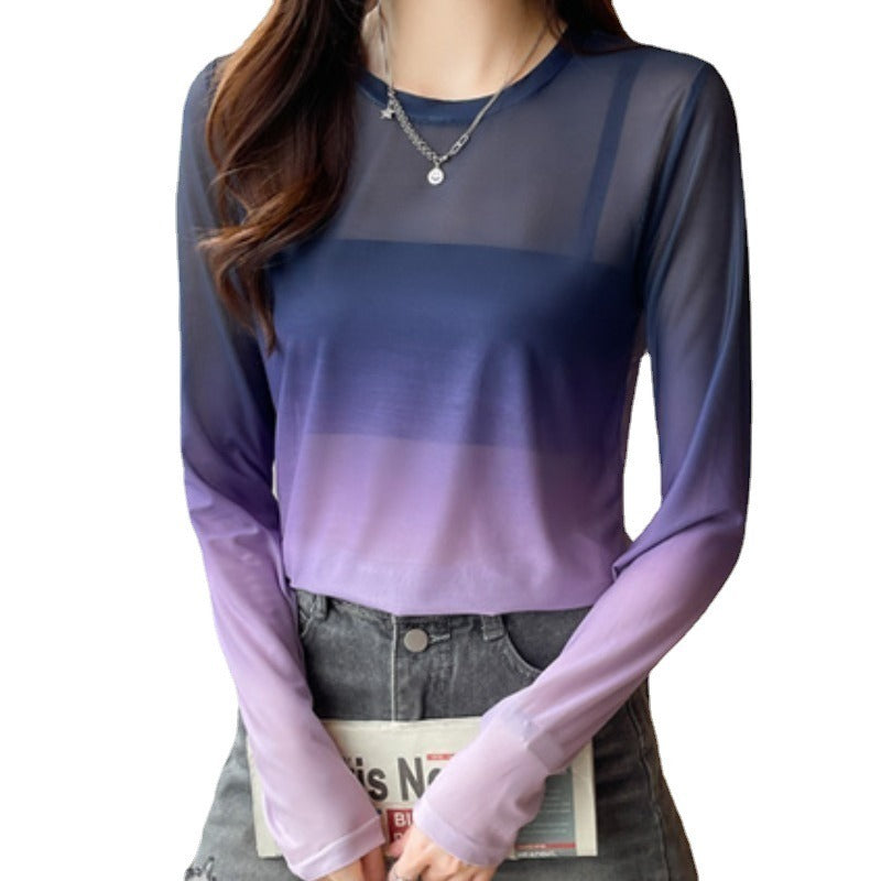 Early Autumn New Gradient Color Loose Long-Sleeved T-Shirt Hollow Inside The Top Of The Female Mesh Bottoming Shirt - Premium  from eprolo - Just $17.32! Shop now at Yard Agri Supply