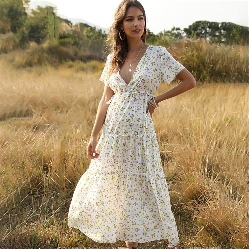 Summer Beach Holiday Dress Women Casual Floral Print Elegant  Boho Long Dress Ruffle Short-Sleeve V-neck Sexy Party Robe - Premium  from eprolo - Just $28.64! Shop now at Yard Agri Supply